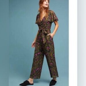 Ett Twa Anthropologie Brenda Jumpsuit Size 4 Green Gold Floral Flutter Sleeve